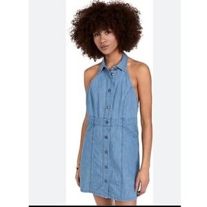 Free People Sami Denim Mini Dress Collared Halter Sleeveless Button Down‎